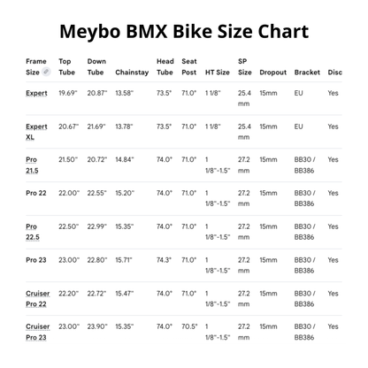 Meybo BMX Bike Size Chart