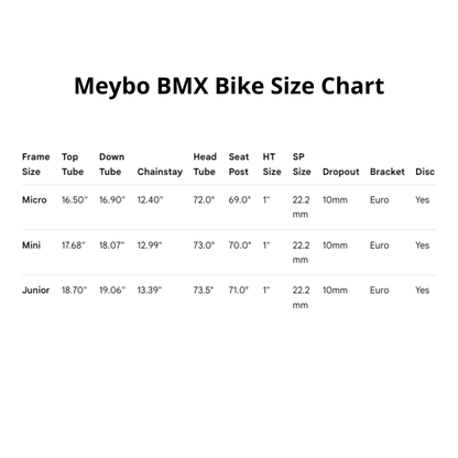 Meybo BMX Bike Size Chart
