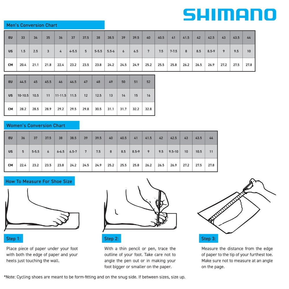 Shimano cycling shoe size chart - EU to US size conversion and foot length in cm, with how to measure your foot