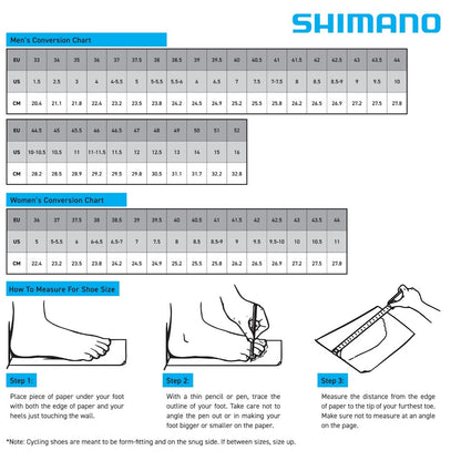 Shimano cycling shoe size chart - EU to US size conversion and foot length in cm, with how to measure your foot